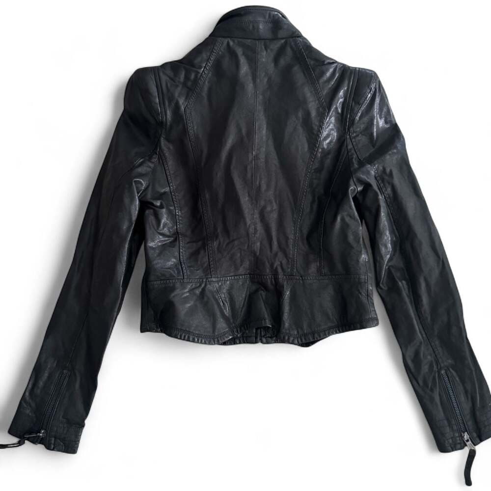 Boutique Vegan Blk Leather Biker Jacket zippers Peplum Cropped Fitted Moto XS S
